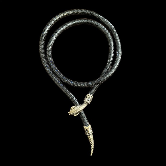 Signed DL Auld exotic golden snake head & tail black shiny mesh necklace - Picture 8 of 9